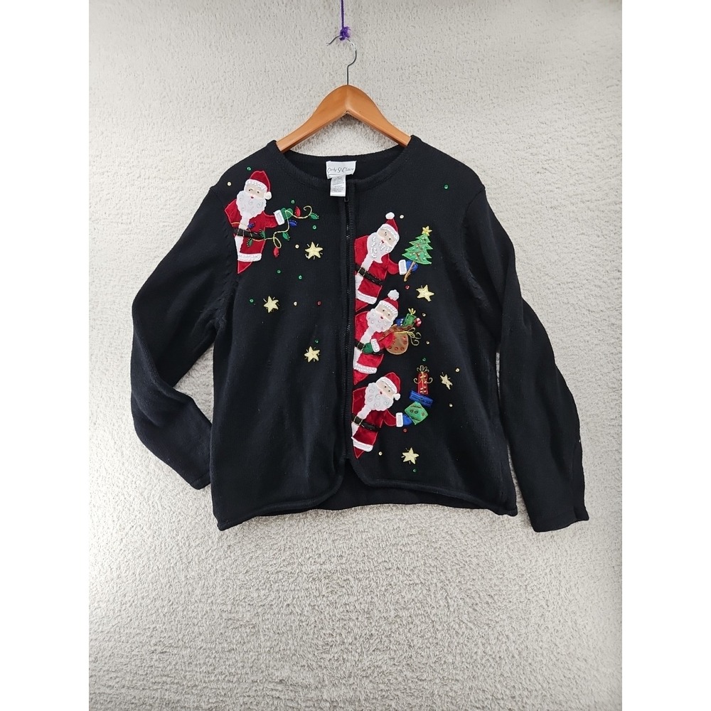 Carly St. Claire Ugly Christmas Women's XL  Zip Sweater Embroidered 90's Santa